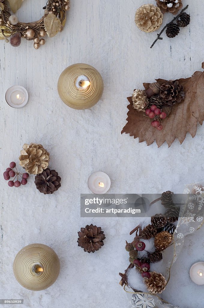 Christmas decoration on the white wooden board 