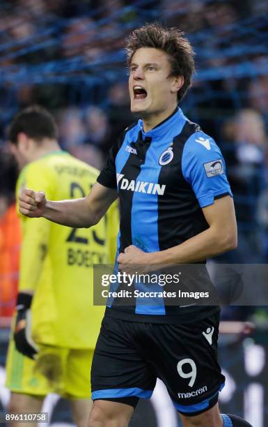 Jelle Vossen of Club Brugge celebrates 4-0 during the Belgium Pro League match between Club Brugge v Anderlecht at the Jan Breydel Stadium on...