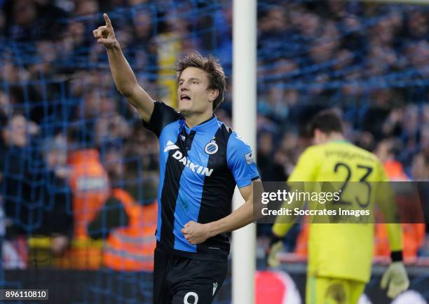 Jelle Vossen of Club Brugge celebrates 4-0 during the Belgium Pro League match between Club Brugge v Anderlecht at the Jan Breydel Stadium on...