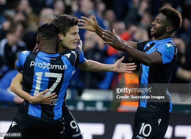 Jelle Vossen of Club Brugge celebrates 4-0 with Anthony Limbombe of Club Brugge, Abdoulay Diaby of Club Brugge during the Belgium Pro League match...