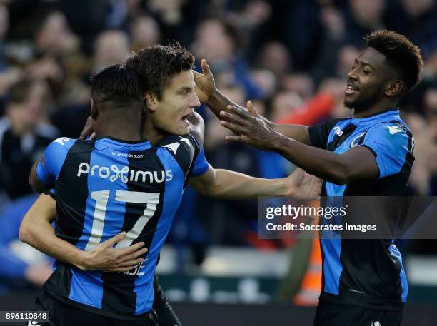 Jelle Vossen of Club Brugge celebrates 4-0 with Anthony Limbombe of Club Brugge, Abdoulay Diaby of Club Brugge during the Belgium Pro League match...