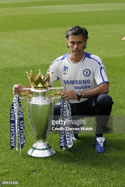 Chelsea manager Jose Mourinho with the FA Barclays Premiership trophy at Chelsea FC's Pre-Season Open Day training session held on August 9, 2005 at...