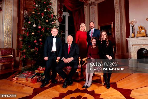 Crown Prince Haakon , Prince Sverre Magnus , Crown Princess Mette-Marit , King Harald , Princess Ingrid Alexandra and Queen Sonja of Norway pose...