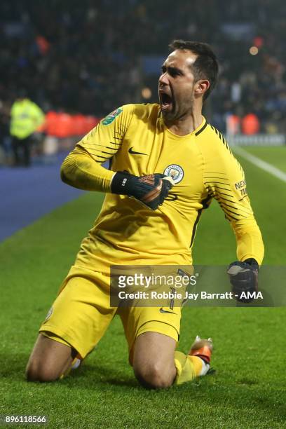 Claudio Bravo Manchester City celebrates after saving the winning penalty during the Carabao Cup Quarter-Final match between here Leicester City v...