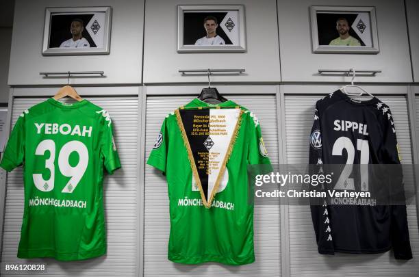 The jerseys of Lars Stindl, Tobias Sippel and Kwame Yeboah of Borussia Moenchengladbach ahead the DFB-Cup match between Borussia Moenchengladbach and...