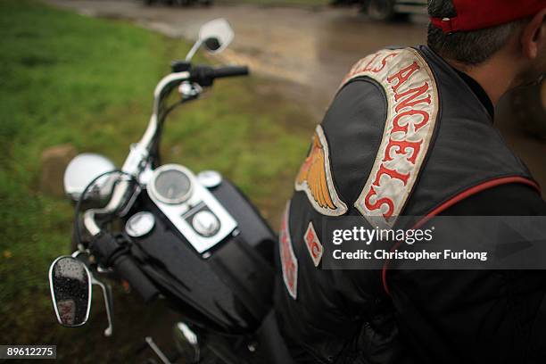 Hells Angel and Bulldog Bash press officer Echo talks to the media during setting up of this year's Bulldog bash at Long Marston Airfield on August...