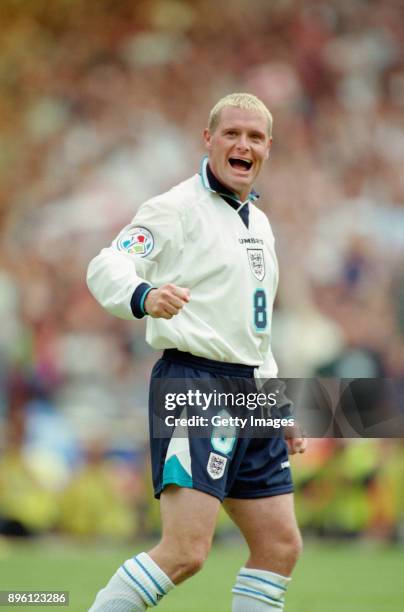 England player Paul Gascoigne celebrates after the group match against Scotland in the 1996 European Championships at Wembley Stadium on June 15,...