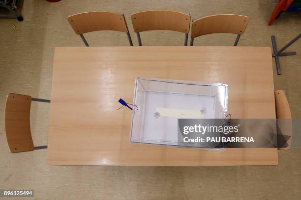 Ballot box for the Catalan regional election, lies on a table during a polling station setup at the 'Prat de la Mata' school on the eve of the voting...