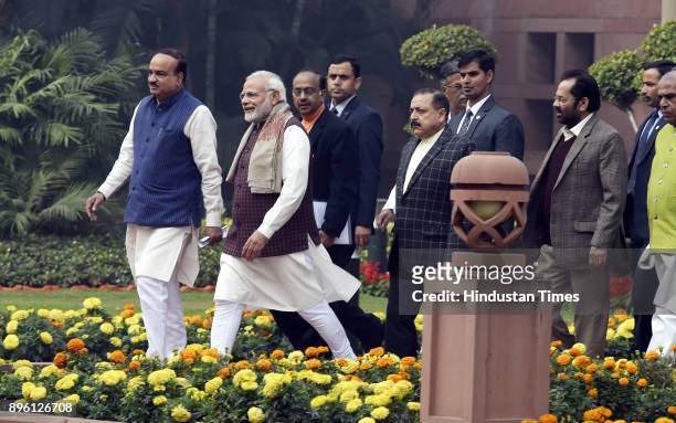 Prime Minister Narendra Modi with Union Minister Ananth Kumar after the BJP Parliamentary board meeting at Parliament Library on December 20, 2017 in...