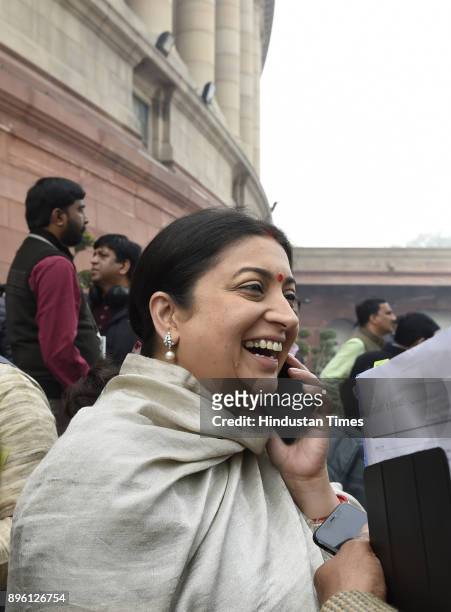 Union Minister for Information and Broadcasting Smriti Irani at Parliament house on December 20, 2017 in New Delhi, India.