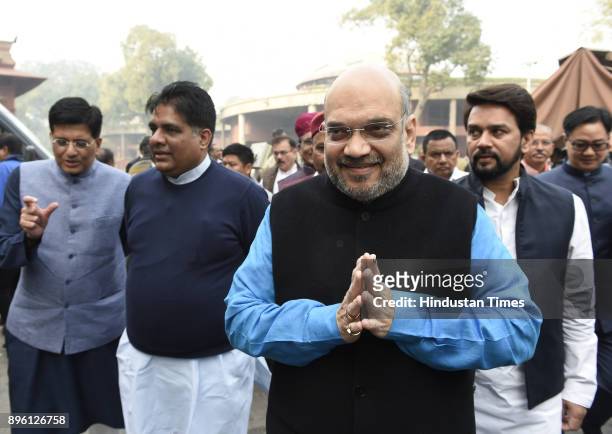 President Amit Shah with senior leader Bhupender yadav, Anurag Thakur after the BJP Parliamentary board meeting at Parliament Library on December 20,...