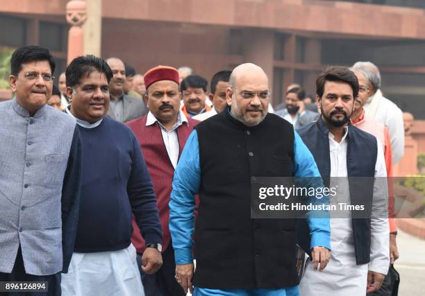 President Amit Shah with senior leader Bhupender Yadav , Railway minister Piyush Goyal , Anurag Thakur after the BJP Parliamentary board meeting at...