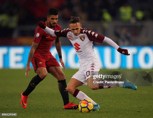 Emerson Palmieri of AS Roma competes for the ball with Simone Edera of Torino FC during the TIM Cup match between AS Roma and Torino FC at Olimpico...