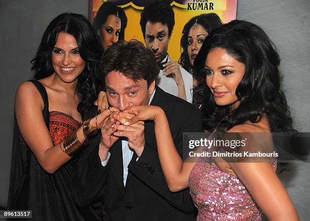 Neha Dhupia, Chris Kattan and Pooja Kumar attend the premiere of "Bollywood Hero" at the Rubin Museum of Art on August 4, 2009 in New York City.