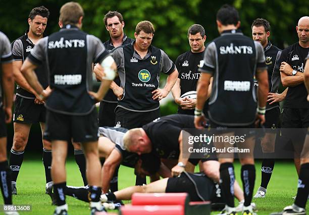 Captain Dylan Hartley of Northampton Saints looks on during an open training session following the Northampton Saints Photocall at Rugby School on...