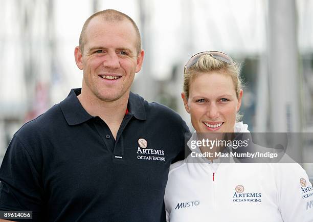 Mike Tindall and Zara Phillips pose for photographs prior to competing in the Artemis Challenge yacht race during Cowes week on August 5, 2009 in...