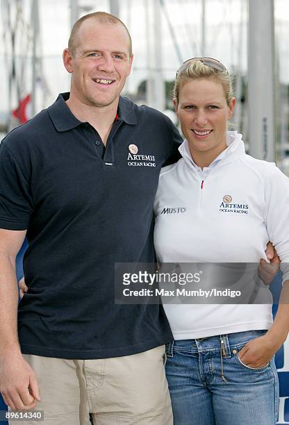 Mike Tindall and Zara Phillips pose for photographs prior to competing in the Artemis Challenge yacht race during Cowes week on August 5, 2009 in...