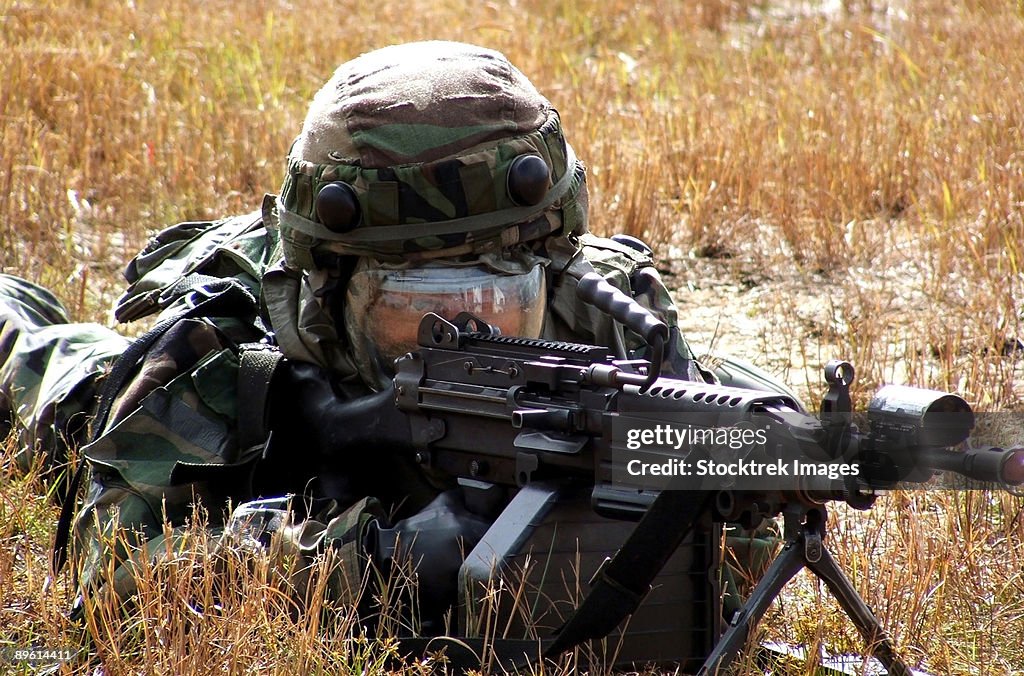 An Airman takes up a firing position during an Exercise Eagle Flag scenario.