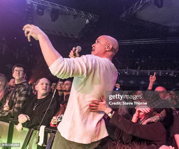 Dan Reed of Dan Reed Network poses with the audience at O2 Academy Birmingham on December 17, 2017 in Birmingham, England.