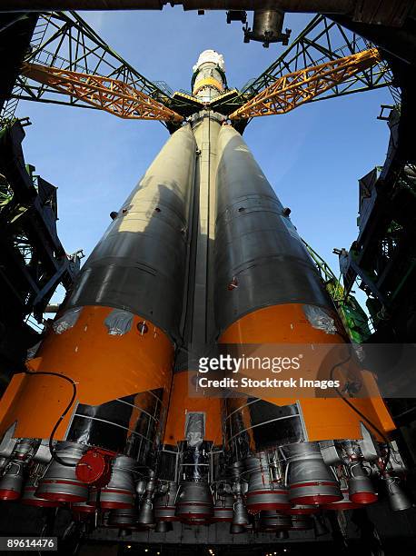october 10, 2008 - the soyuz tma-13 spacecraft arrives at the launch pad at the baikonur cosmodrome in kazakhstan,  for launch on october 12, 2008.  - launch pad stock pictures, royalty-free photos & images