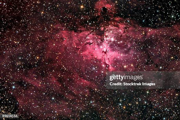 the eagle nebula (also known as messier 16, m16 or ngc 6611), is a young open cluster of stars in the constellation serpens. - nebulosa del águila fotografías e imágenes de stock