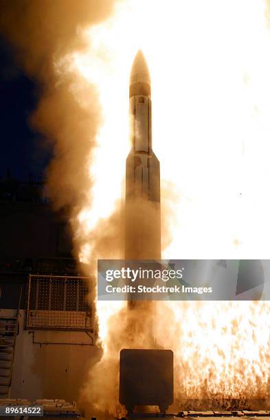 a standard missile-3 (sm-3) is launched from the aegis cruiser uss lake erie. - uss lake erie cg 70 stock pictures, royalty-free photos & images