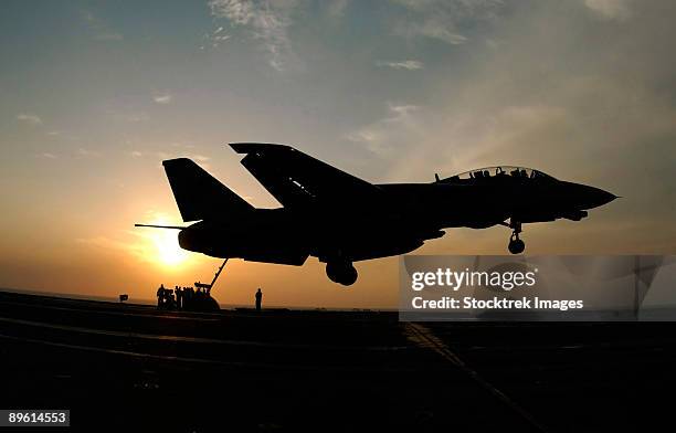 persian gulf, january 12, 2006 - the sun sets as an f-14d tomcat makes an arrested landing aboard the nimitz-class aircraft carrier uss theodore roosevelt (cvn-71).  - f 14 tomcat stock pictures, royalty-free photos & images
