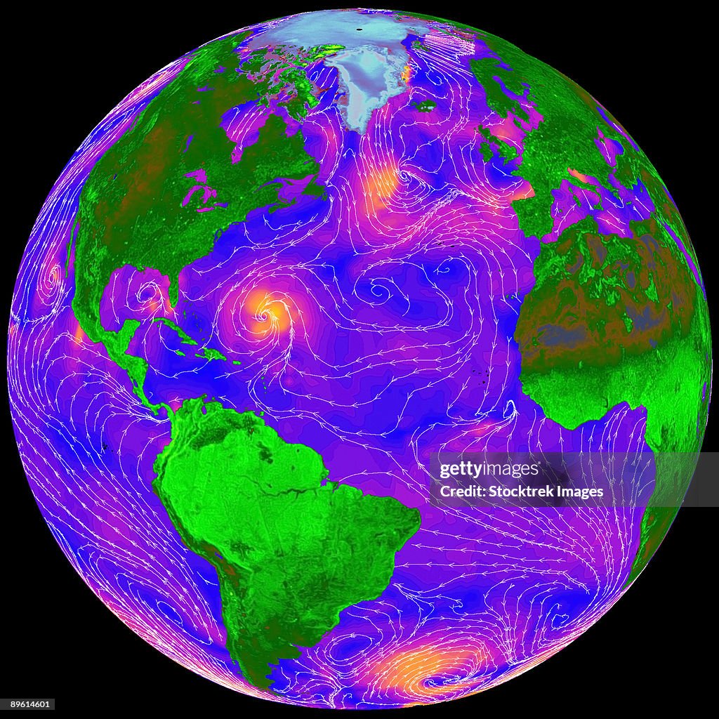 Quickscat image showing the direction and intensity of surface winds across the Atlantic Ocean.