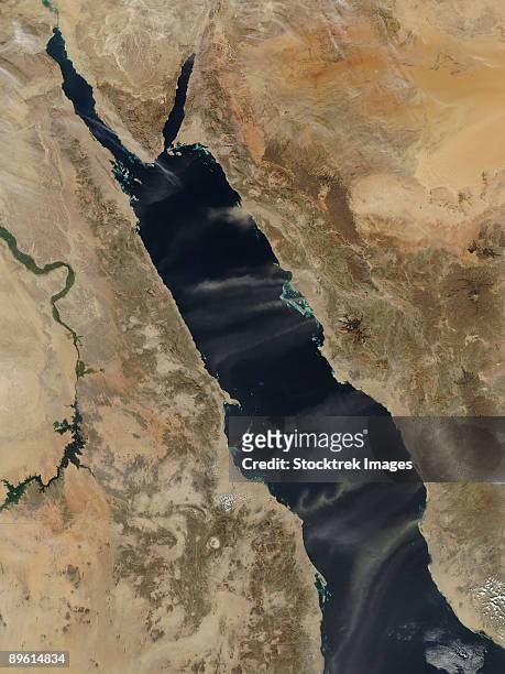 january 14, 2009 - dust plumes over the red sea. - saudi arabia beach stock pictures, royalty-free photos & images