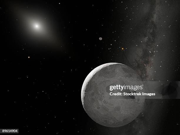 an artist's concept of kuiper belt object 2003 ub313 (nicknamed xena) and its satellite gabrielle.   - xena stock illustrations