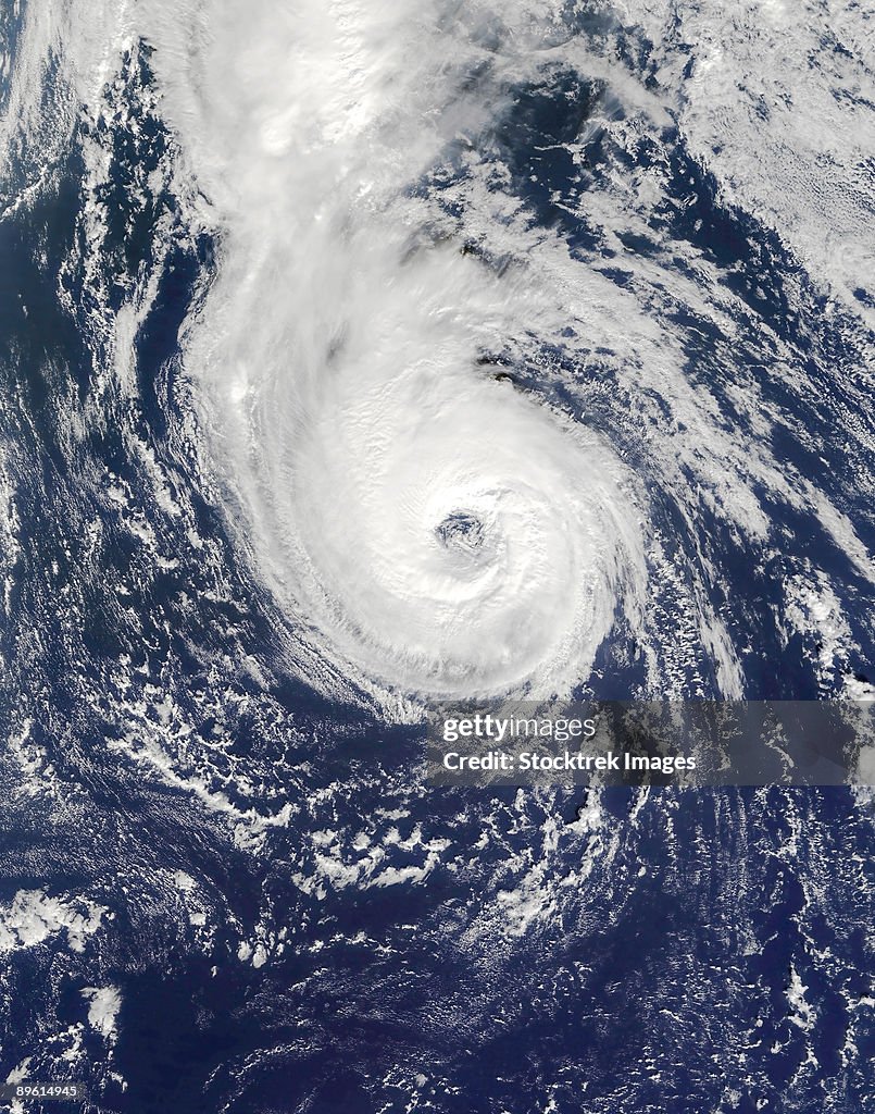 Hurricane Epsilon in the mid-Atlantic, as observed by the Moderate Resolution Imaging Spectroradiometer (MODIS) on the Terra satellite on December 4, 2005, at 13:30 UTC (10:30 a.m. local time). 