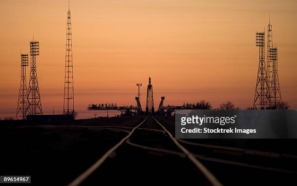 march 24, 2009 - the soyuz launch pad is seen about an hour before the soyuz rocket is rolled out to the launch pad at the baikonur cosmodrome in kazakhstan.   - soyuz rocket transported to launch pad stock pictures, royalty-free photos & images