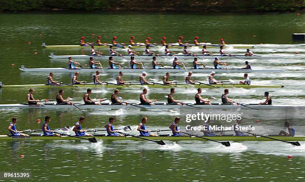 Russia leads off in the Junior Men's Eights heats during day one of the FISA World Rowing Junior Championships at the Lac du Causse Correzian on...