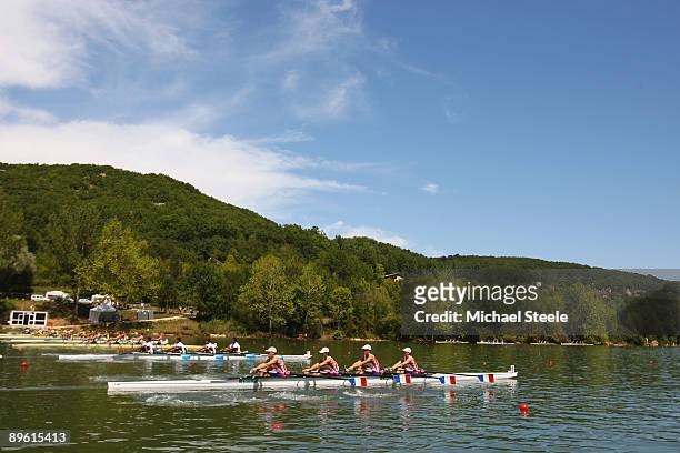 Heats of the junior men's quad sculls during day one of the FISA World Rowing Junior Championships at the Lac du Causse Correzian on August 5, 2009...