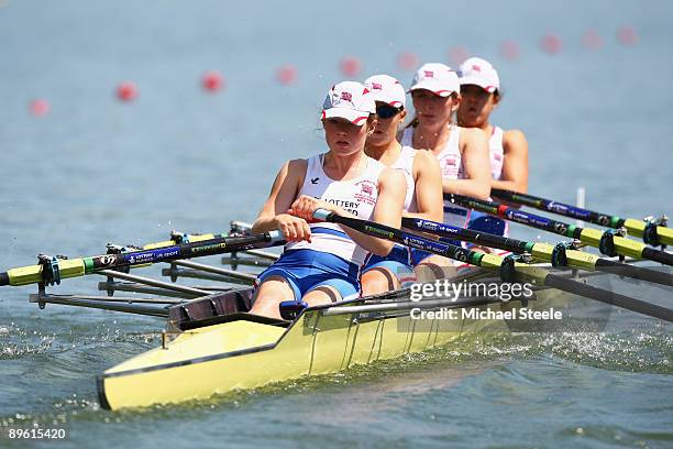 Phoebe Lucas, Eleanor Piggott, Helen Preston and Rosa Atkinson of Great Britain row during the junior women's quad sculls heat 3 during day one of...