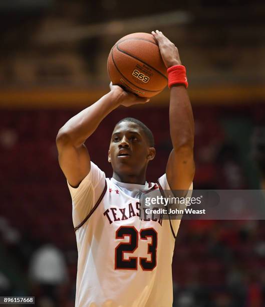 Jarrett Culver of the Texas Tech Red Raiders shoots a free throw during the game against the Rice Owls on December 16, 2017 at Lubbock Municipal...