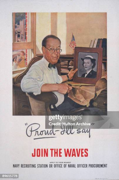 Recruitment poster for the U.S. Navy WAVES features a father seated at a desk, a framed picture of his uniformed daughter in his hand over the quote...