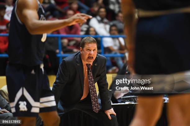 Head coach Chris Beard of the Texas Tech Red Raiders yells instructions to his team during the game against the Rice Owls on December 16, 2017 at...