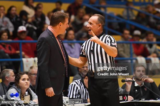 Head coach Chris Beard of the Texas Tech Red Raiders discusses an official's call during the game against the Rice Owls on December 16, 2017 at...