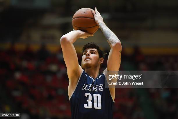 Austin Meyer of the Rice Owls shoots a free throw during the game against the Texas Tech Red Raiders on December 16, 2017 at Lubbock Municipal...