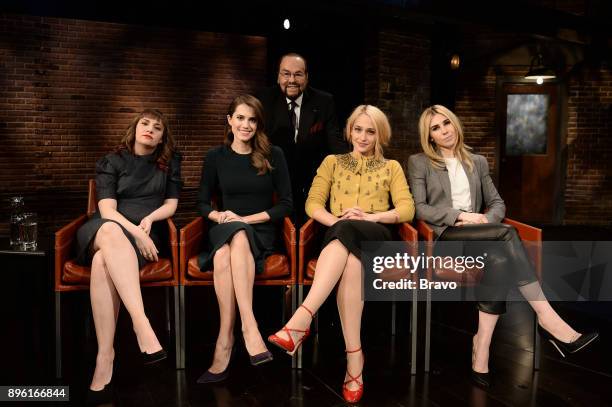 The Cast of Girls" -- Pictured: Lena Dunham, Allison Williams, James Lipton, Jemima Kirke, Zosia Mamet --