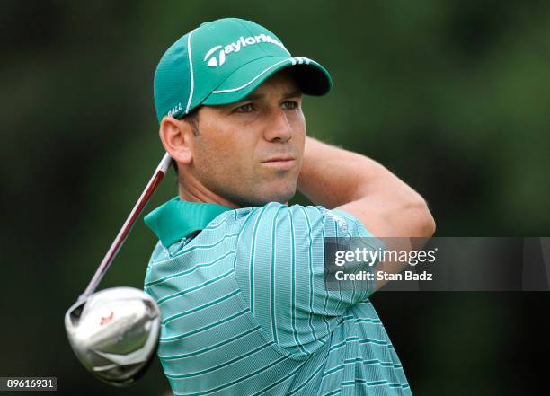 Sergio Garcia hits a drive from the third tee box during practice for the World Golf Championships-Bridgestone Invitational held at Firestone Country...