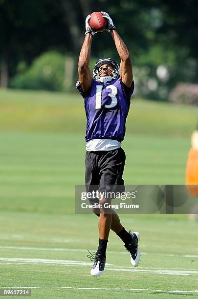 Eron Riley of the Baltimore Ravens catches a pass during training camp at McDaniel College on July 28, 2009 in Westminster, Maryland.