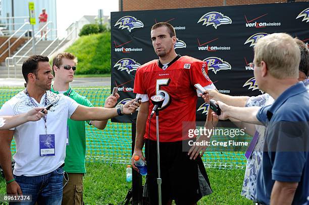 Joe Flacco of the Baltimore Ravens talks with the media during training camp at McDaniel College on July 28, 2009 in Westminster, Maryland.