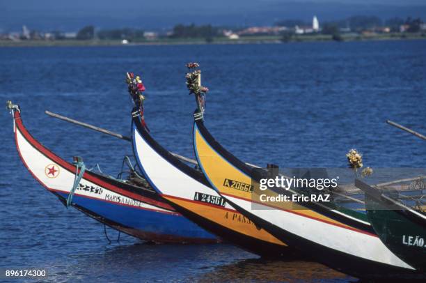 Barques traditionnelles 'moliceiro' avec un bouquet de fleurs fixe a la proue dans la Ria d'Aveiro, en 2000, Portugal.