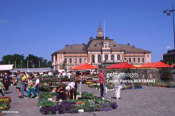 Vente de fleurs sur le marche de la place de la mairie a Kuopio, Finlande.