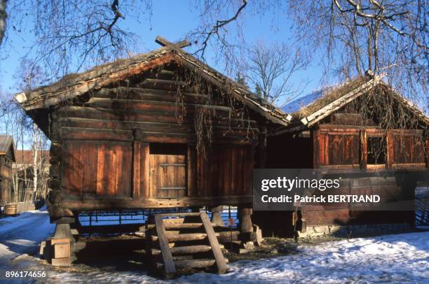 Grenier sur pilotis du musee des arts et traditions populaires de Norvege a Oslo, Norvege.