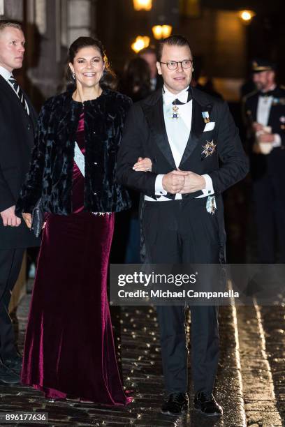 Crown Princess Victoria of Sweden and husband Prince Daniel of Sweden attend a formal gathering at the Swedish Academy on December 20, 2017 in...