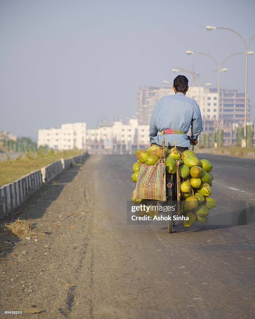 Man on bicycle with coconuts