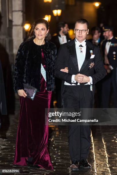 Crown Princess Victoria of Sweden and husband Prince Daniel of Sweden attend a formal gathering at the Swedish Academy on December 20, 2017 in...